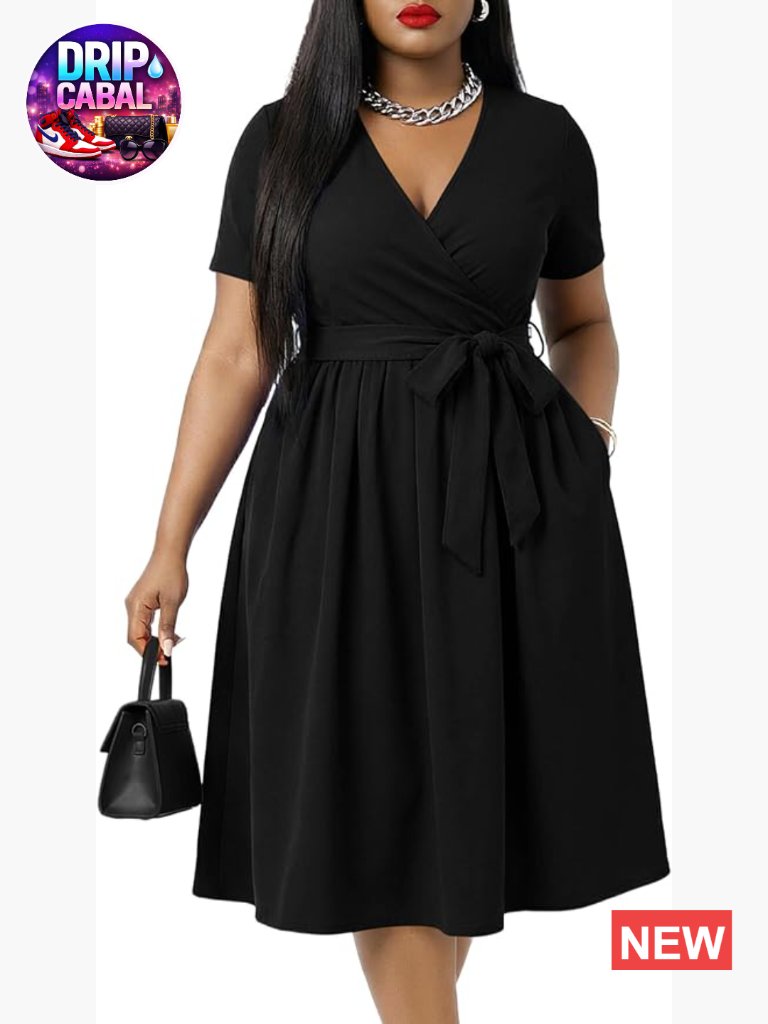 V-Neck Short Sleeve Midi Dress With Removable Belt And Pockets